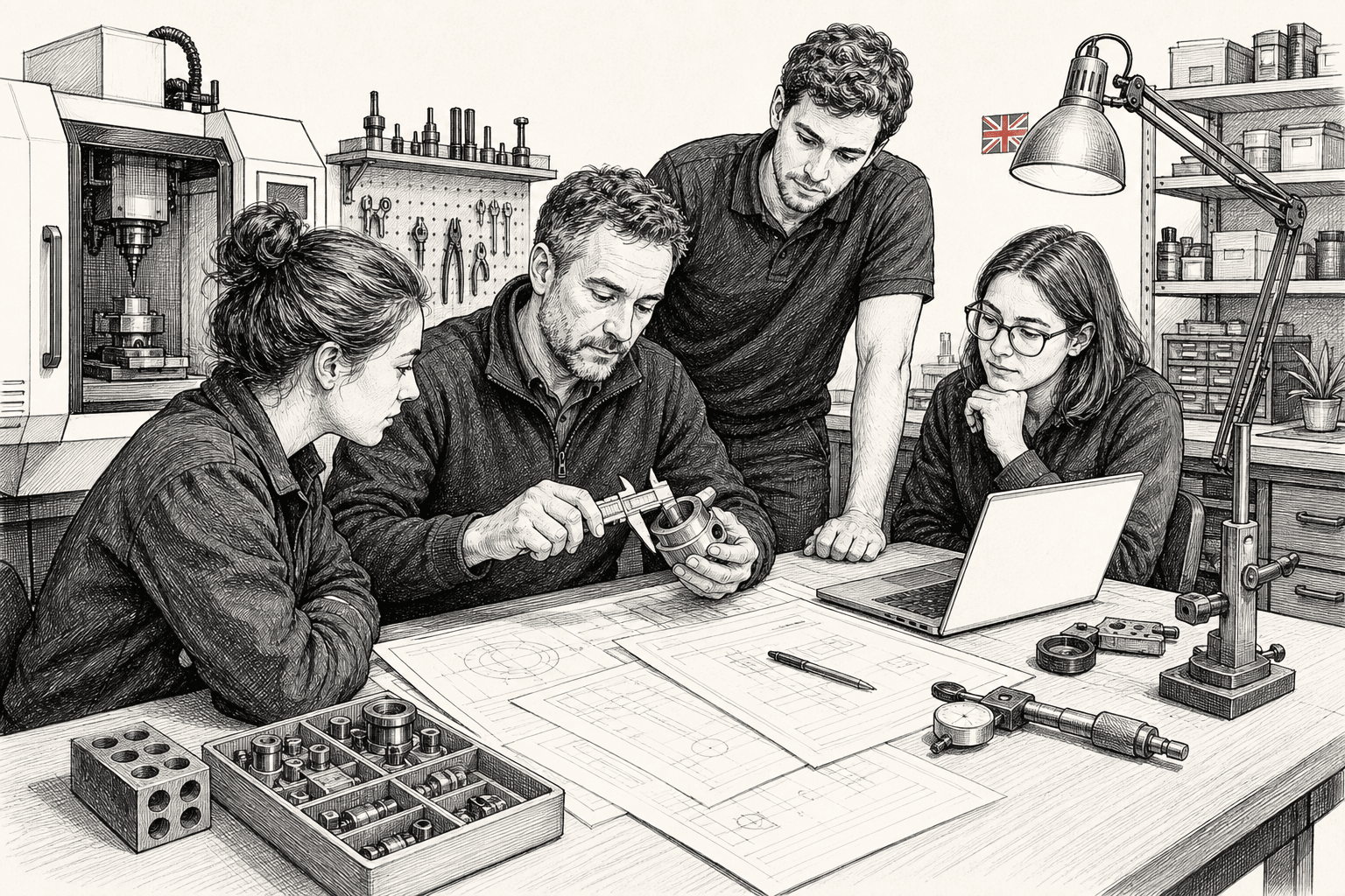 Pen-and-ink illustration of a small engineering business examining a precision component for a defence contract, with a small tucked-away Union Jack as the only coloured element