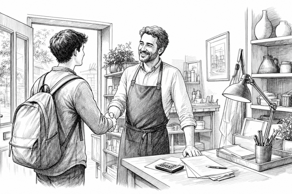 Pen-and-ink illustration of a small business owner welcoming a young employee, with a small tucked-away Union Jack as the only coloured element