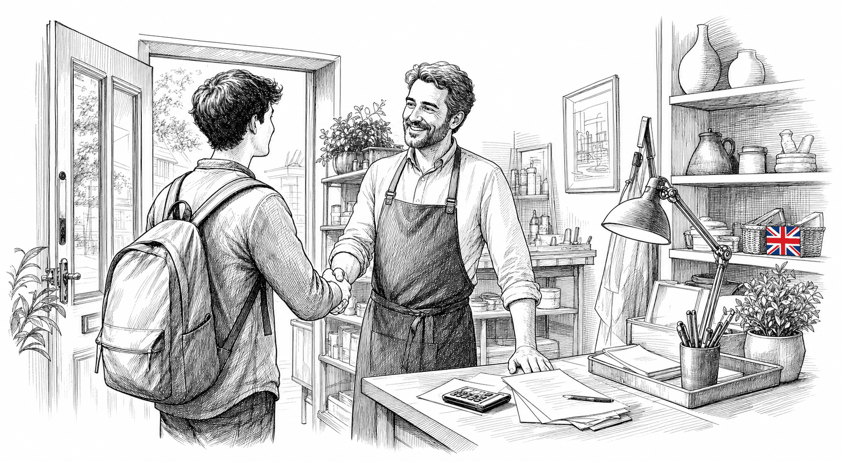 Pen-and-ink illustration of a small business owner welcoming a young employee, with a small tucked-away Union Jack as the only coloured element