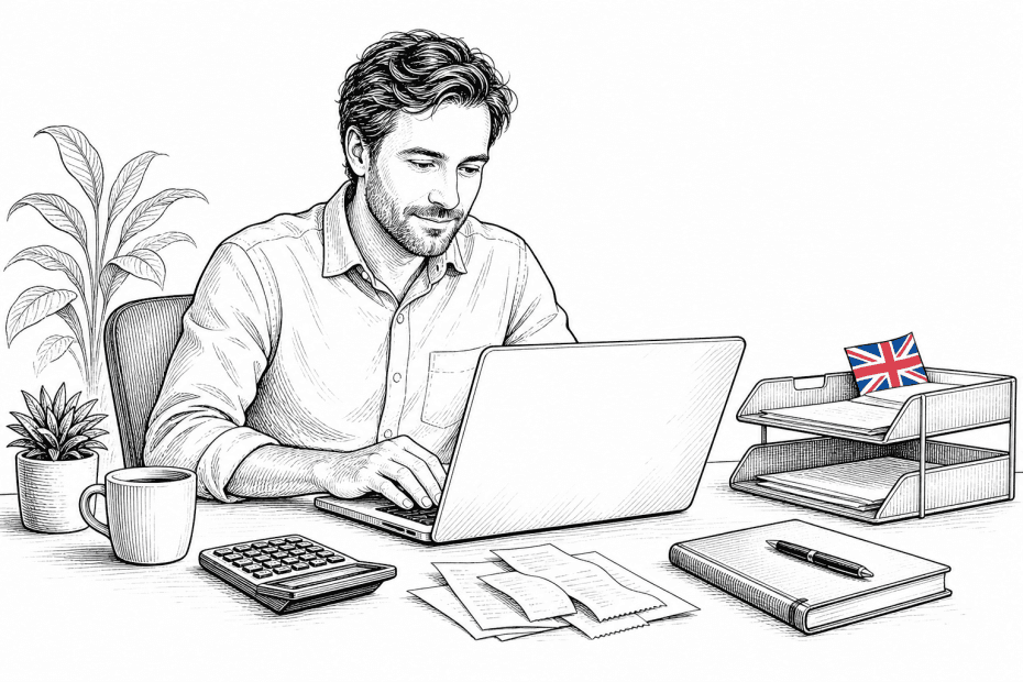 Pen-and-ink illustration of a sole trader checking digital accounts at a desk, with a small tucked-away Union Jack as the only coloured element