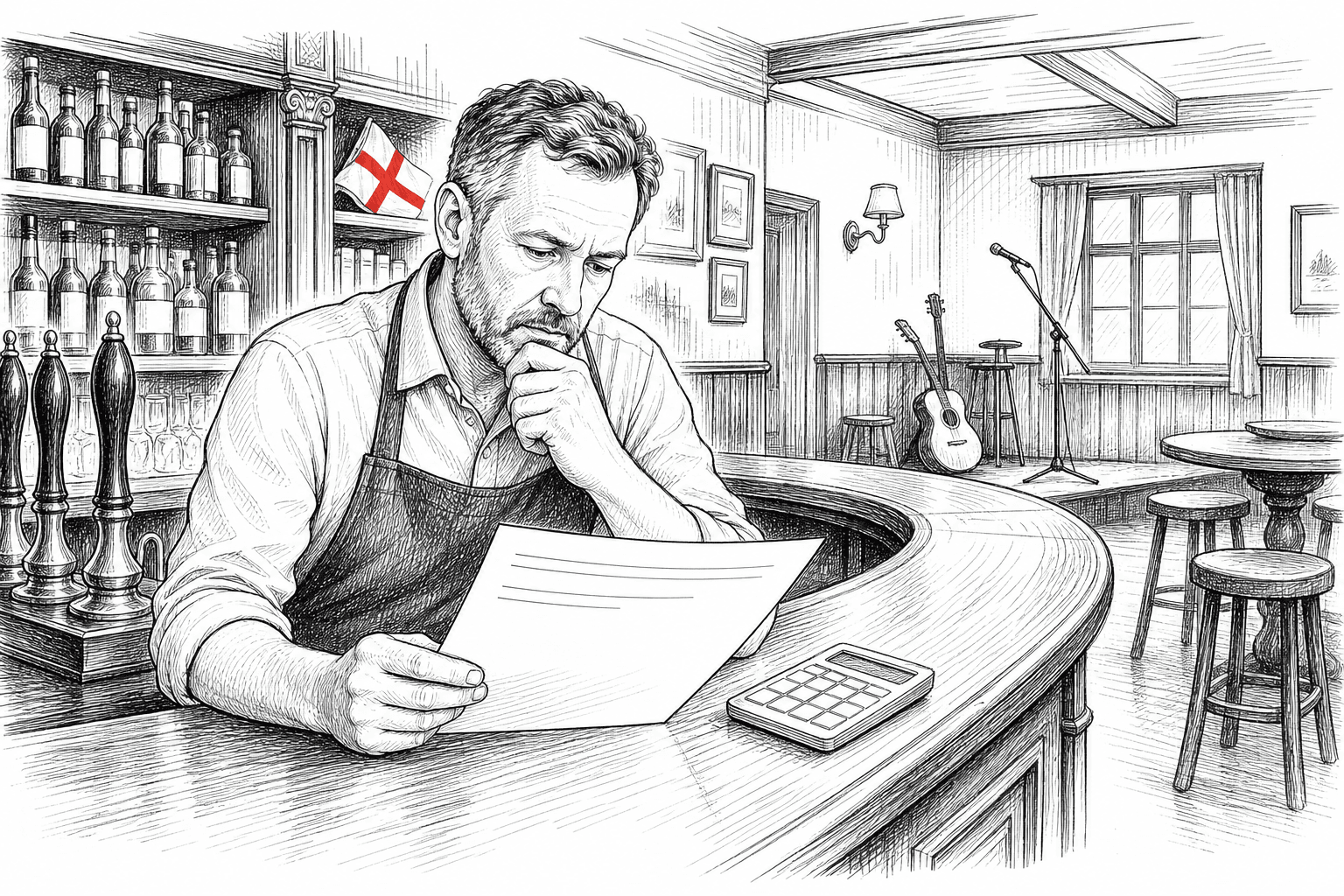 Pen-and-ink illustration of an English pub owner reviewing a business rates bill, with a small St George's flag as the only coloured element