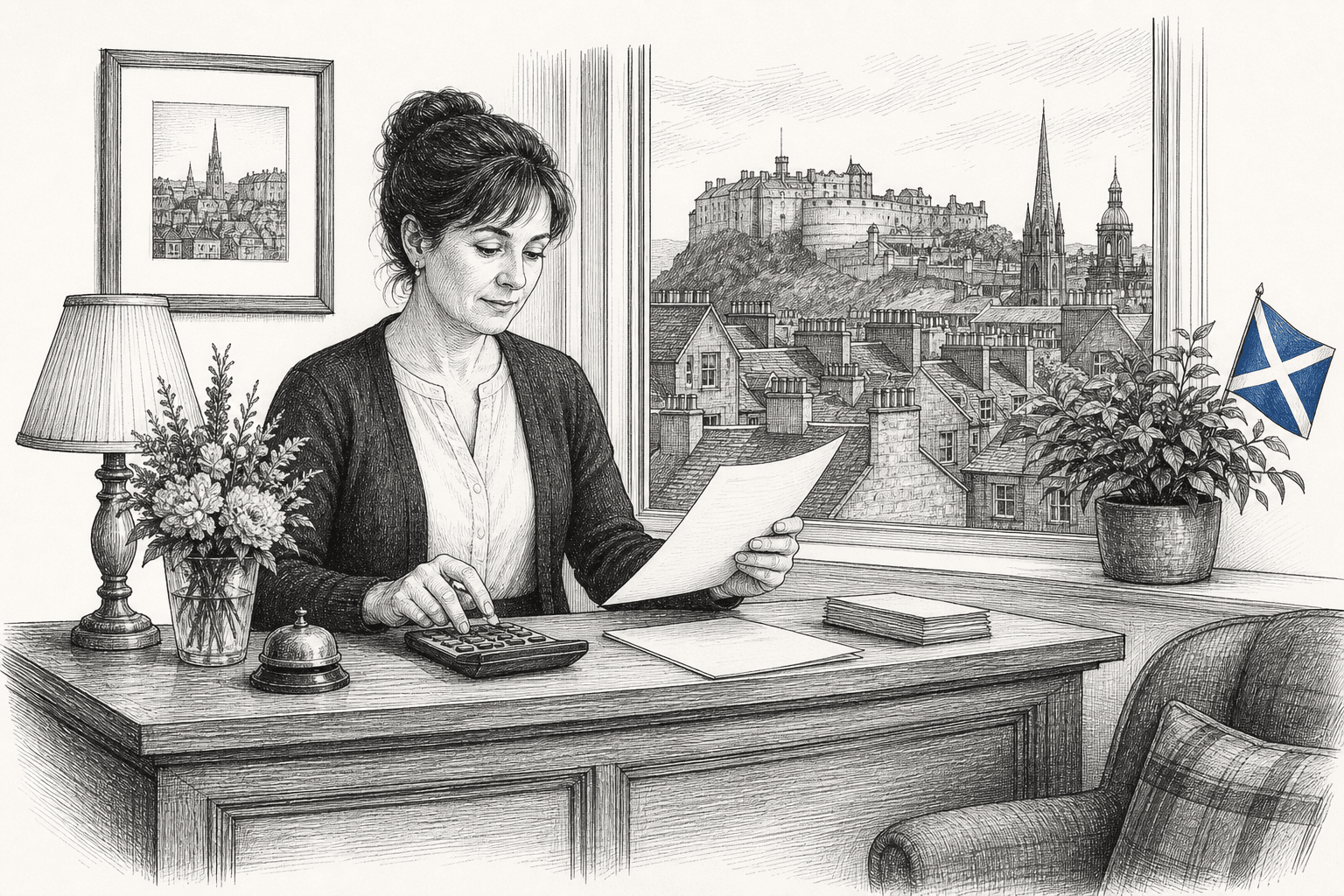 Pen-and-ink illustration of a small Edinburgh guest house owner checking a booking invoice, with a small Scottish flag as the only coloured element