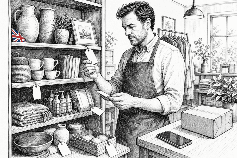 Pen-and-ink illustration of a small UK shopkeeper reviewing prices and stock beside a shop display, with a small tucked-away Union Jack as the only coloured element