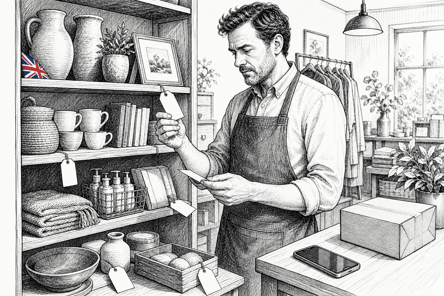 Pen-and-ink illustration of a small UK shopkeeper reviewing prices and stock beside a shop display, with a small tucked-away Union Jack as the only coloured element