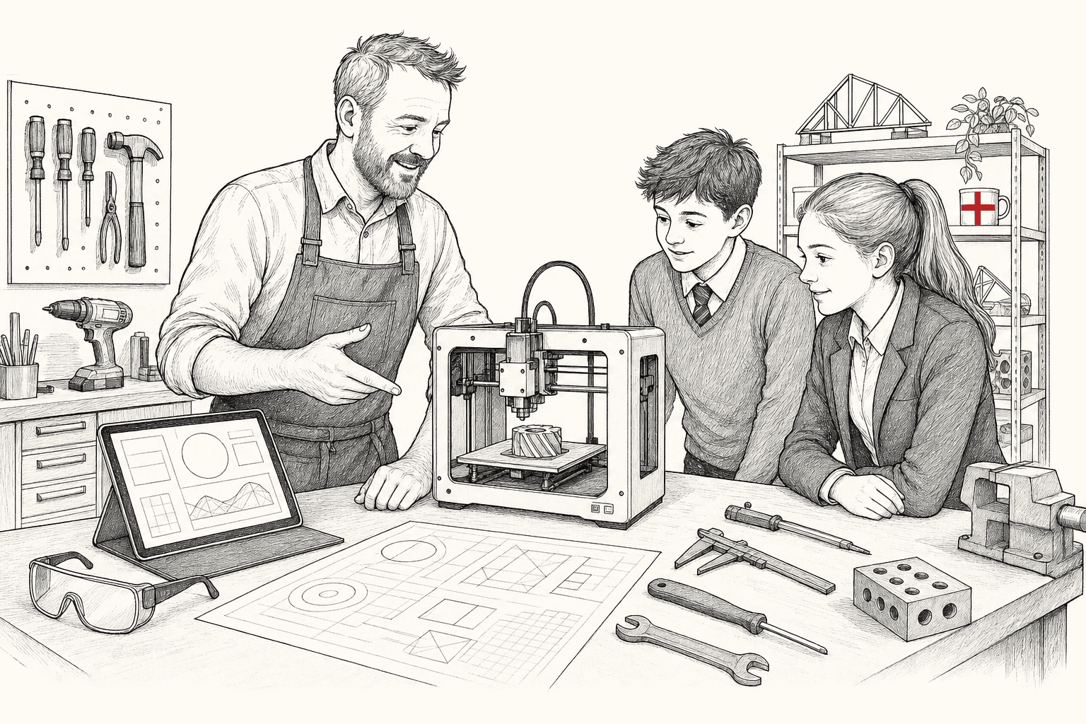Pen-and-ink illustration of a small business owner showing two pupils practical workshop skills, with a small tucked-away St George's flag as the only coloured element