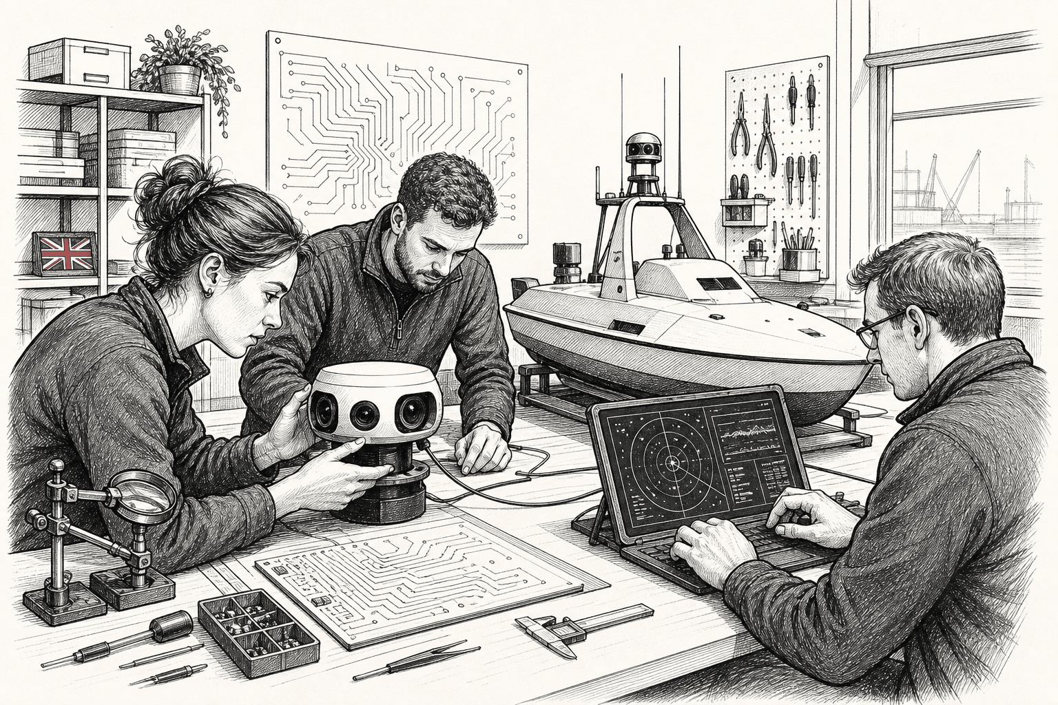 Pen-and-ink illustration of a small UK technology team testing an autonomous maritime sensor, with a small Union Jack as the only coloured element