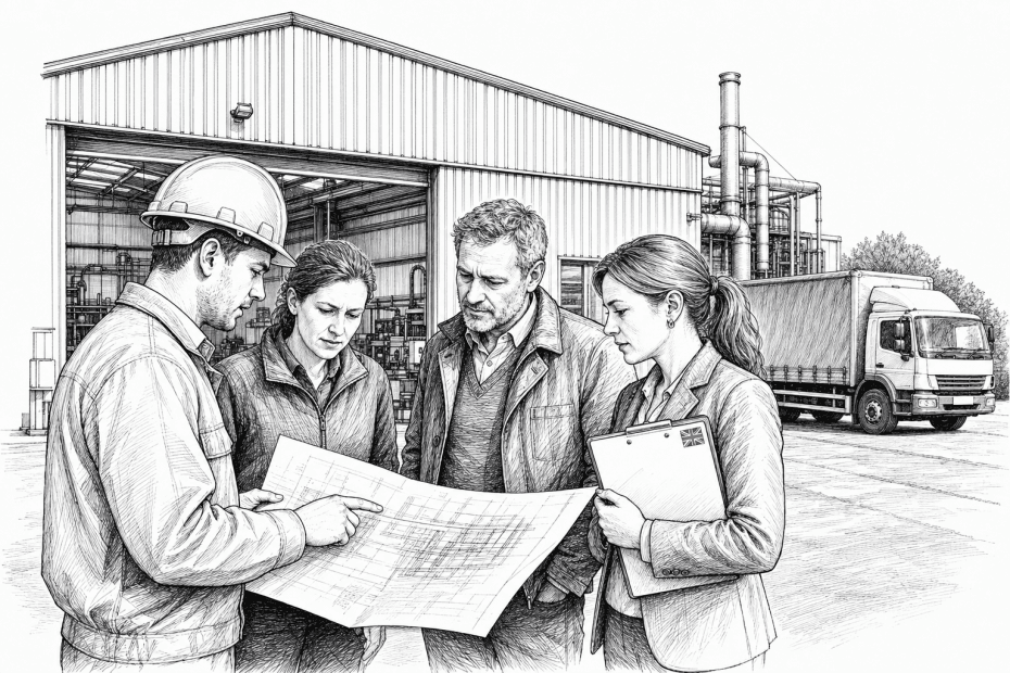 Pen-and-ink illustration of engineers reviewing plans beside a British manufacturing plant, with a small Union Jack as the only coloured element