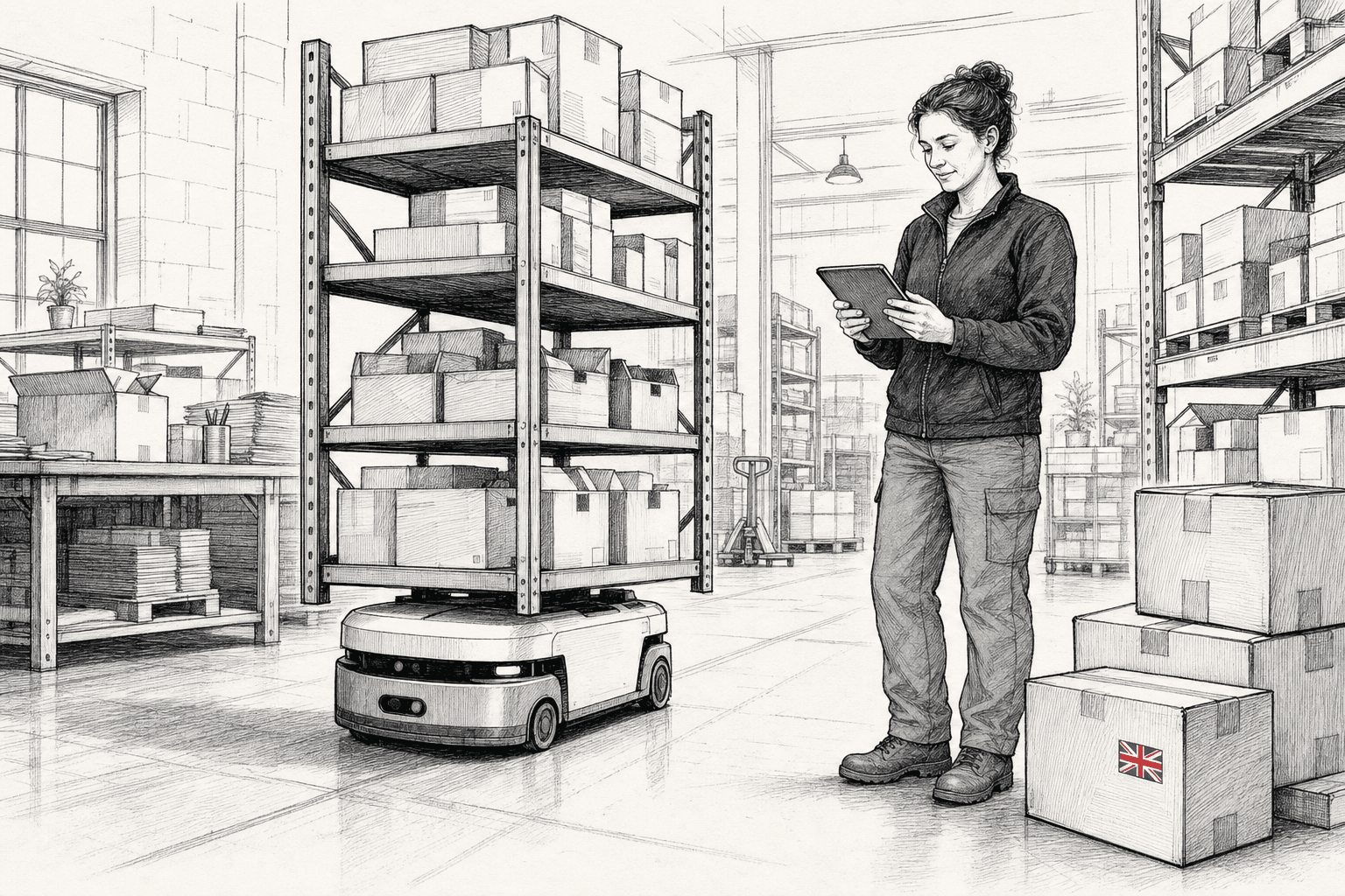 Pen-and-ink illustration of a compact warehouse robot carrying a shelf while a small retailer checks inventory, with a tucked-away Union Jack as the only coloured element