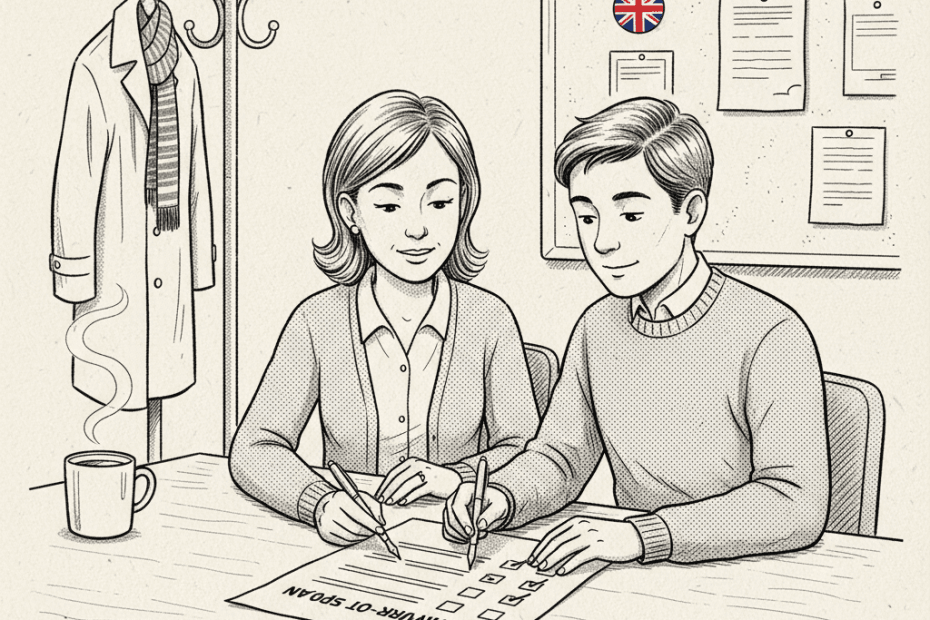 Pen-and-ink illustration of a small business manager and employee reviewing a simple workplace health plan, with a small tucked-away Union Jack as the only coloured element