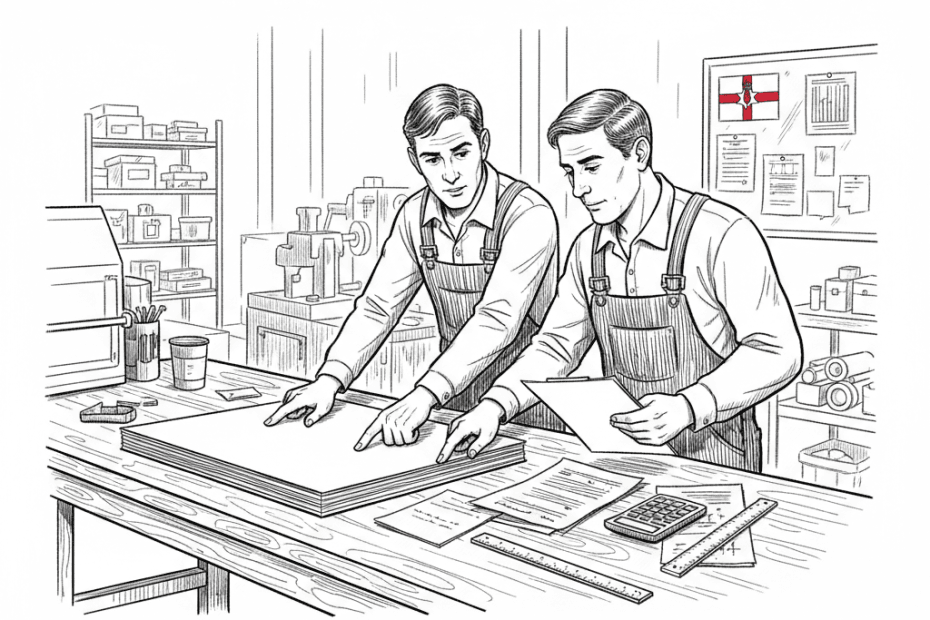 Pen-and-ink illustration of a small engineering workshop checking steel sheets and invoices, with a small tucked-away Northern Ireland flag as the only coloured element