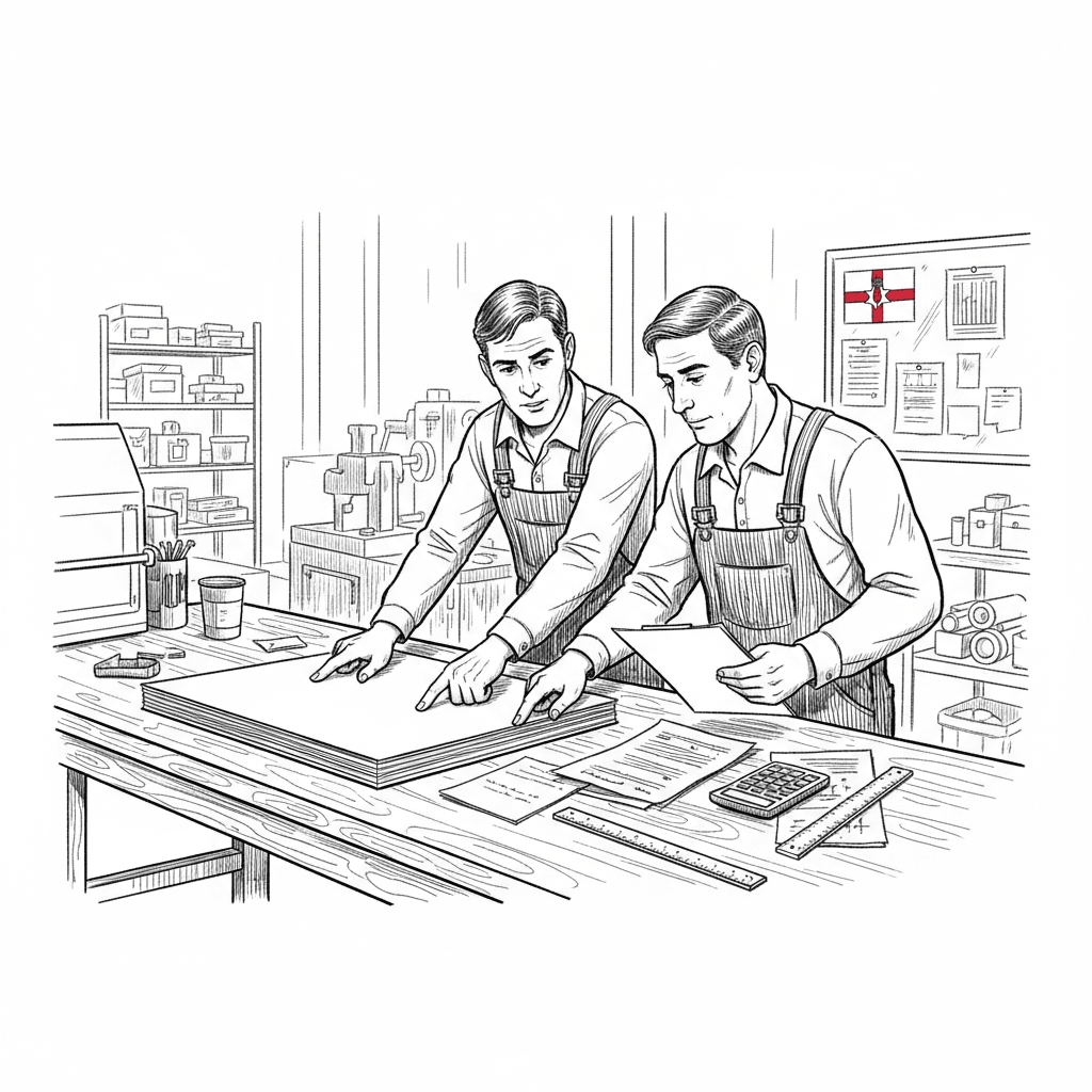 Pen-and-ink illustration of a small engineering workshop checking steel sheets and invoices, with a small tucked-away Northern Ireland flag as the only coloured element