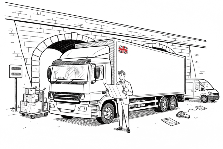 Pen-and-ink illustration of a delivery lorry stopping before a low railway bridge while a small business owner checks a route plan, with a small tucked-away Union Jack as the only coloured element