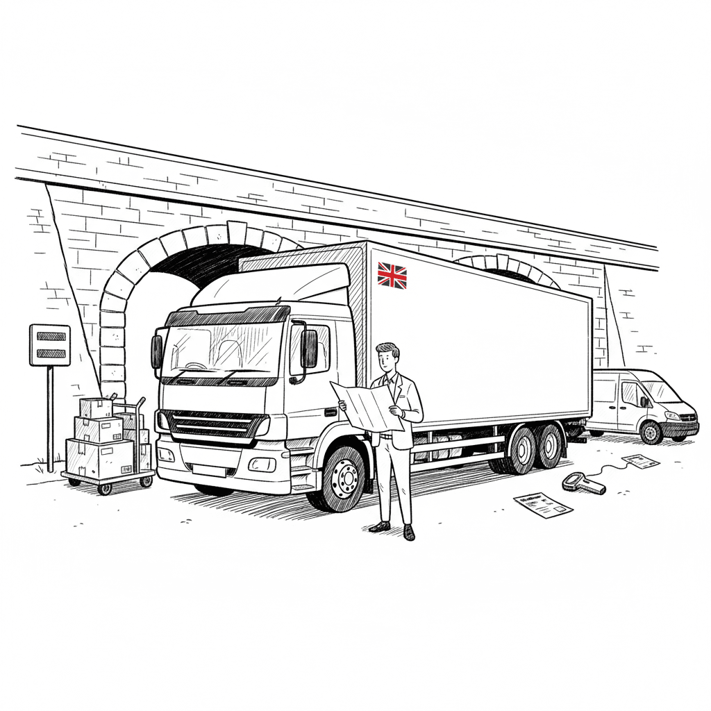 Pen-and-ink illustration of a delivery lorry stopping before a low railway bridge while a small business owner checks a route plan, with a small tucked-away Union Jack as the only coloured element