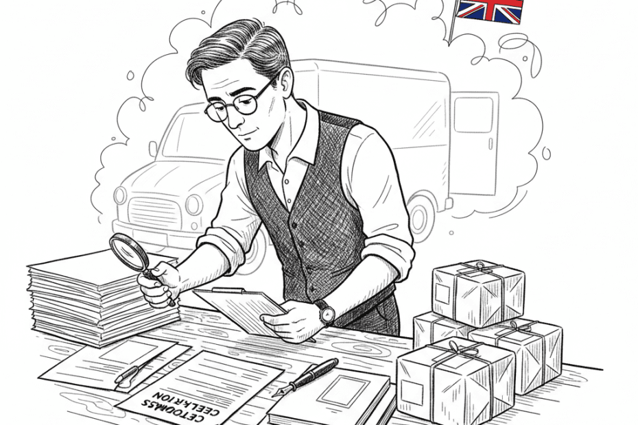 Pen-and-ink illustration of a small UK business owner checking shipping documents beside parcels and a delivery van, with a small tucked-away Union Jack as the only coloured element