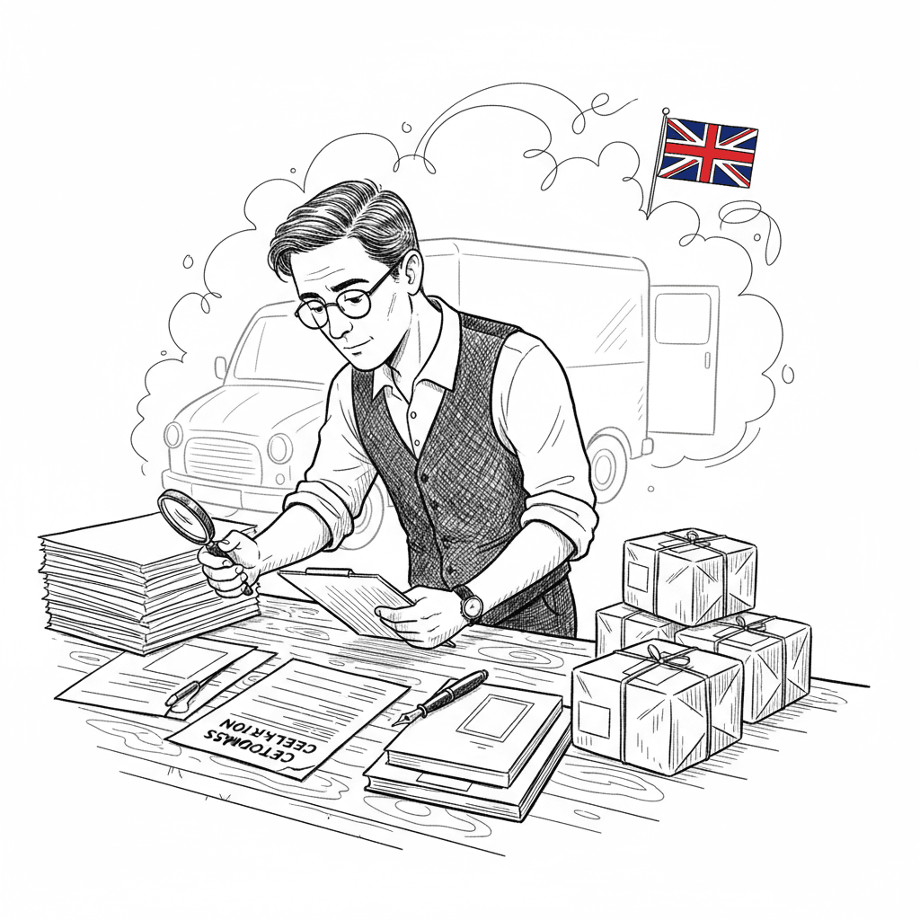 Pen-and-ink illustration of a small UK business owner checking shipping documents beside parcels and a delivery van, with a small tucked-away Union Jack as the only coloured element