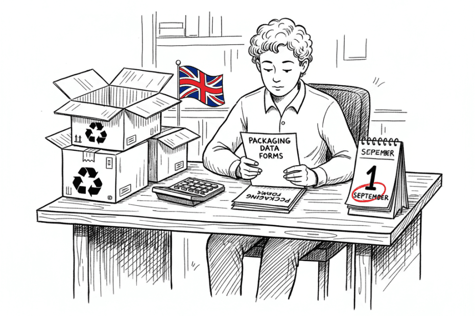 Pen-and-ink illustration of a small UK business owner checking packaging data forms beside cardboard boxes and recycling symbols, with a small tucked-away Union Jack as the only coloured element