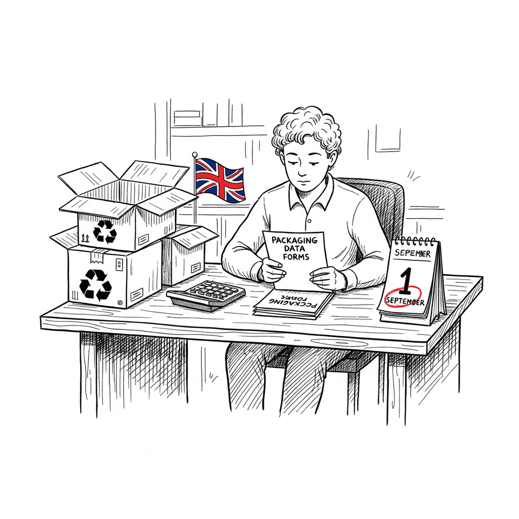 Pen-and-ink illustration of a small UK business owner checking packaging data forms beside cardboard boxes and recycling symbols, with a small tucked-away Union Jack as the only coloured element