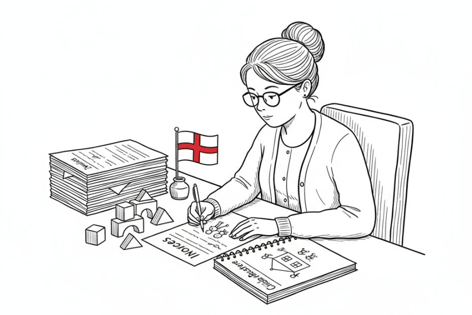 Pen-and-ink illustration of a small childcare provider reviewing business papers at a nursery desk, with a small tucked-away St George's Cross flag as the only coloured element