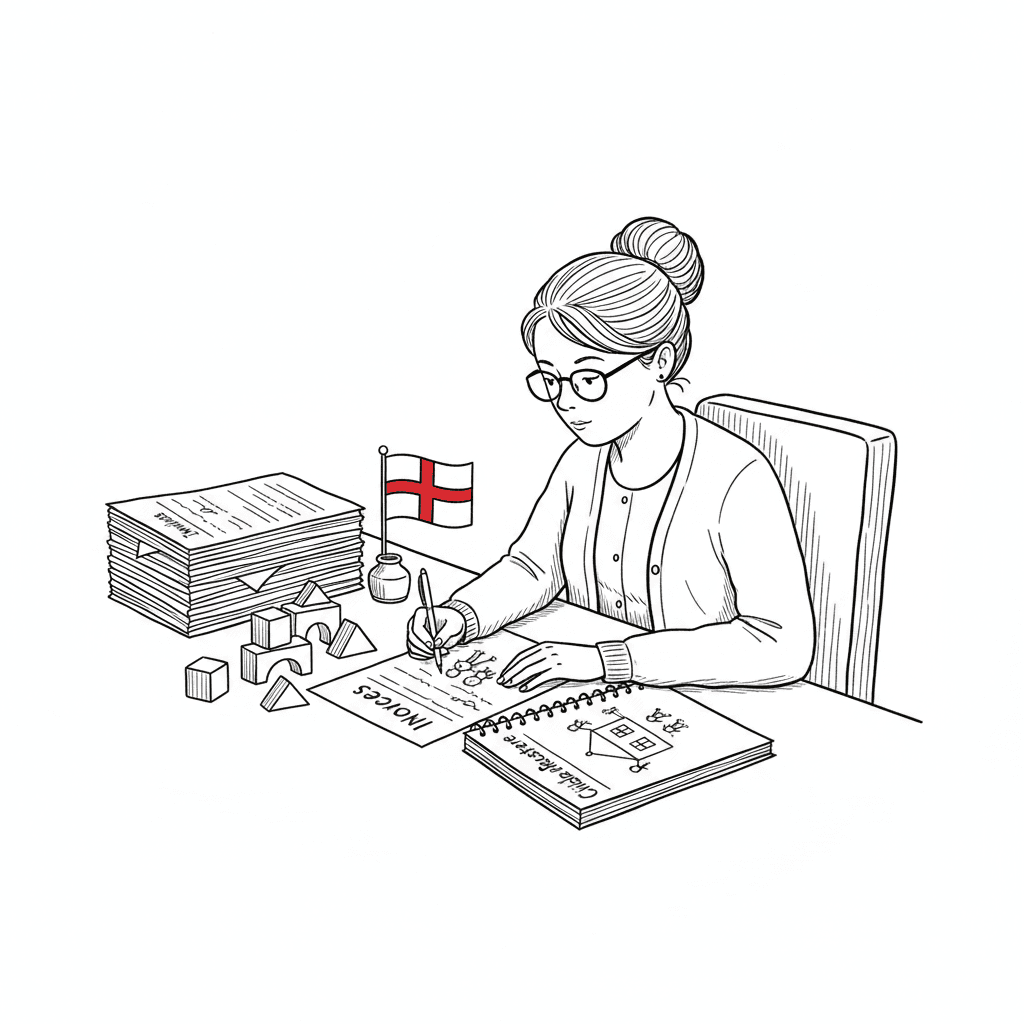 Pen-and-ink illustration of a small childcare provider reviewing business papers at a nursery desk, with a small tucked-away St George's Cross flag as the only coloured element