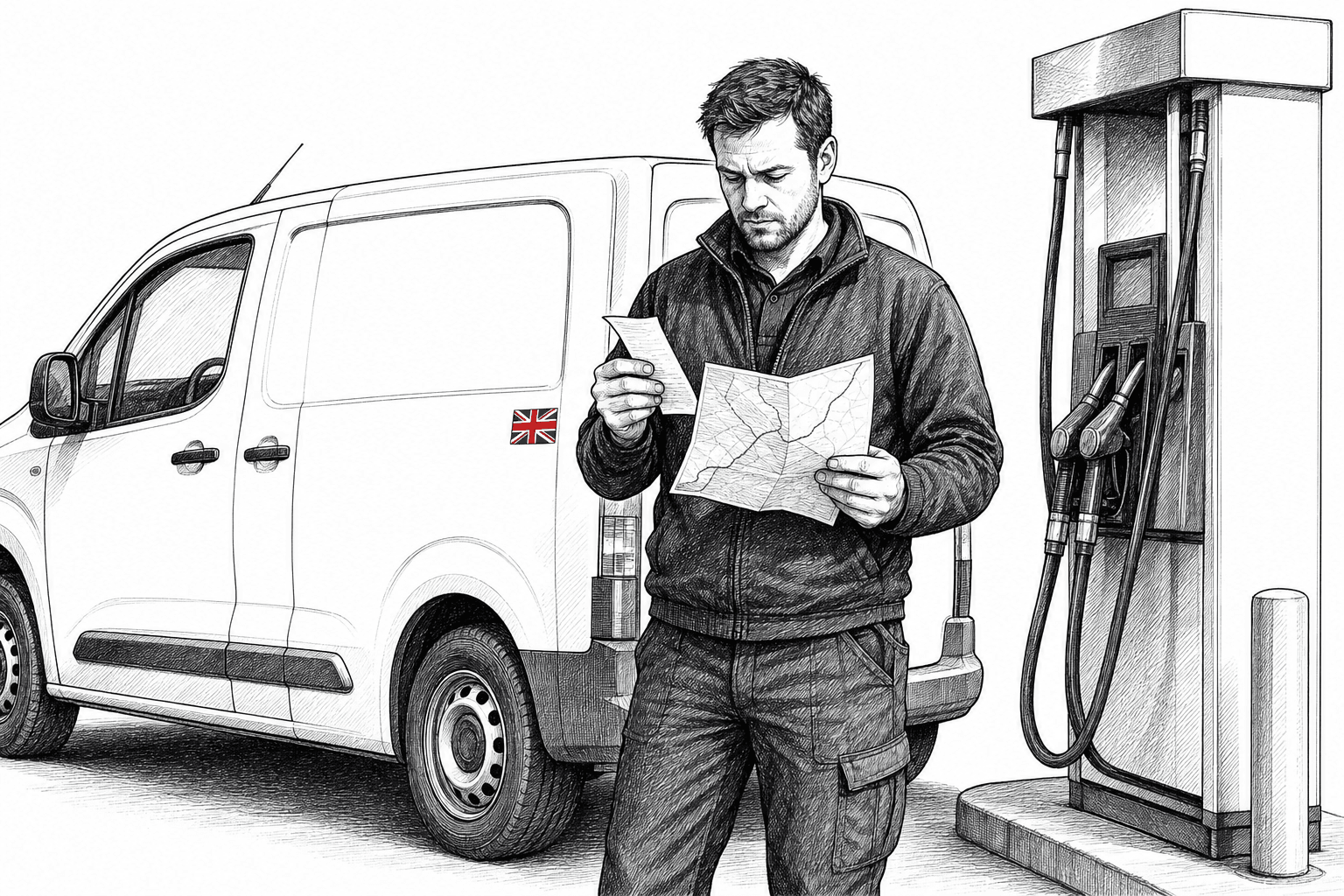 Pen-and-ink illustration of a small UK business owner reviewing van fuel costs, with a small tucked-away Union Jack as the only coloured element