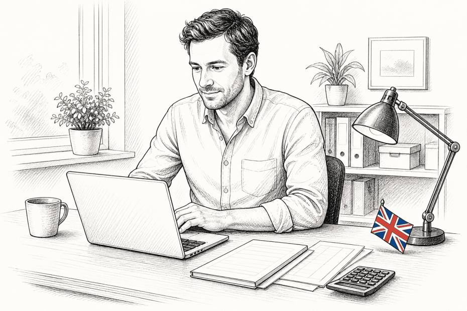 Pen-and-ink illustration of a sole trader reviewing digital tax records on a laptop, with a small tucked-away Union Jack as the only coloured element