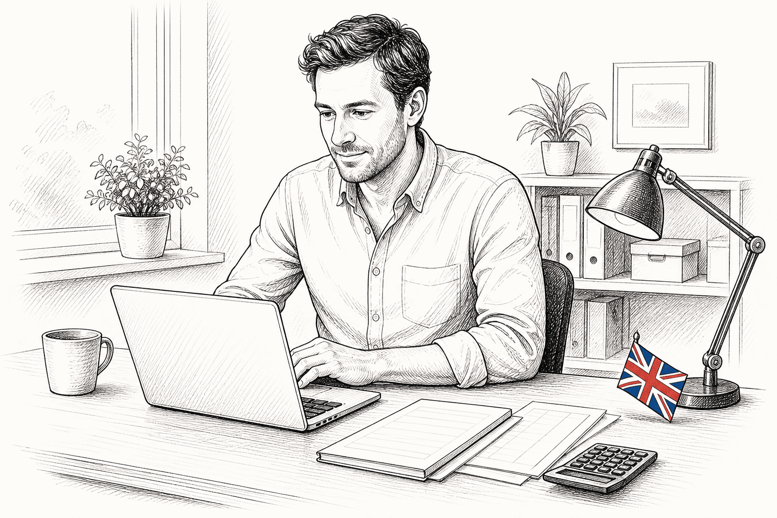 Pen-and-ink illustration of a sole trader reviewing digital tax records on a laptop, with a small tucked-away Union Jack as the only coloured element