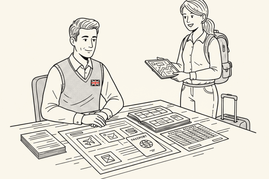 Pen-and-ink illustration of a small UK employer reviewing travel and payroll records for an overseas colleague, with a small tucked-away Union Jack as the only coloured element