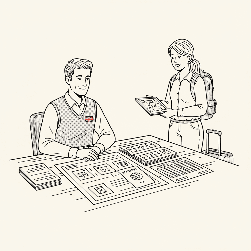 Pen-and-ink illustration of a small UK employer reviewing travel and payroll records for an overseas colleague, with a small tucked-away Union Jack as the only coloured element
