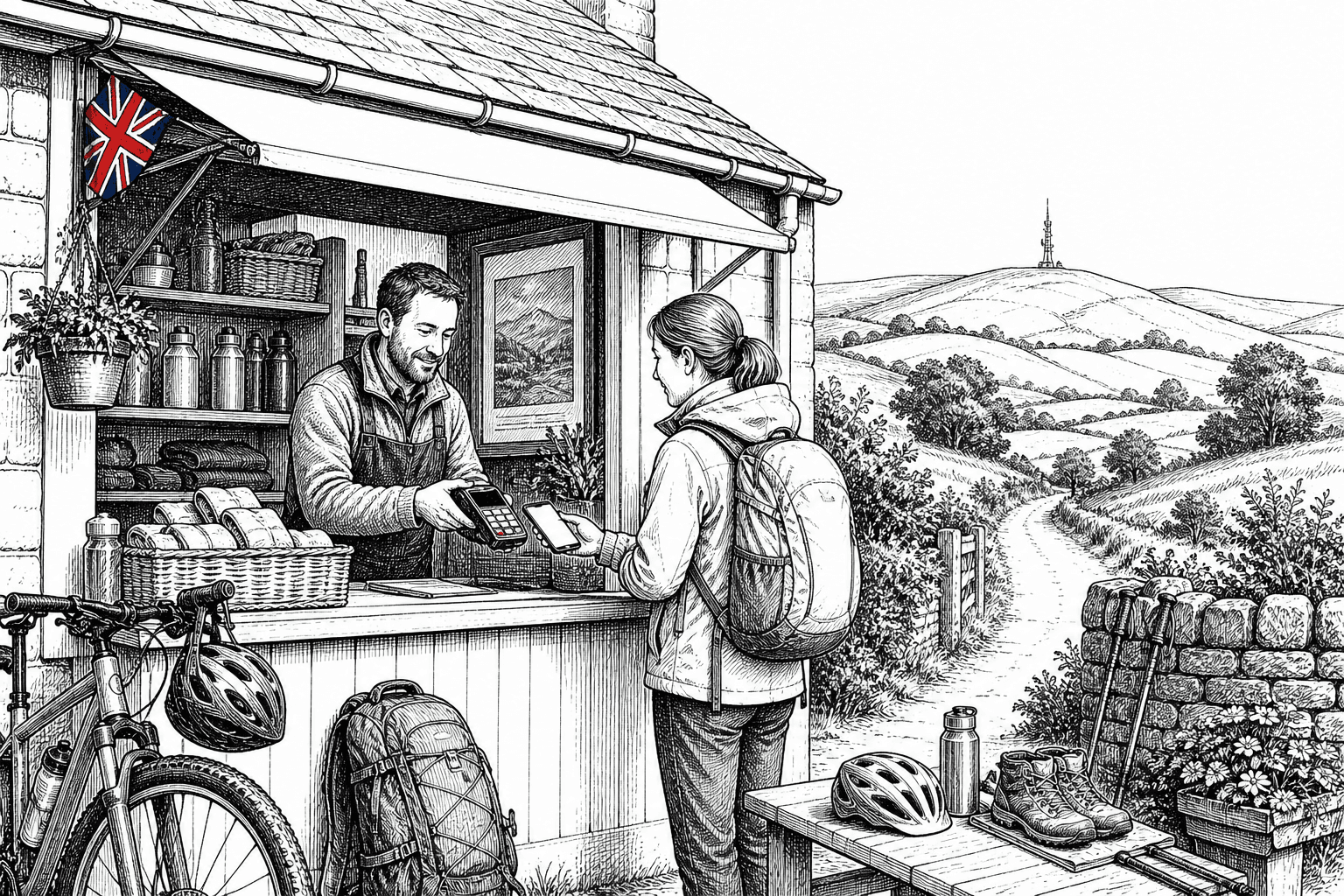 Pen-and-ink illustration of a rural UK small business using a mobile card reader near a 4G mast, with a small tucked-away Union Jack as the only coloured element