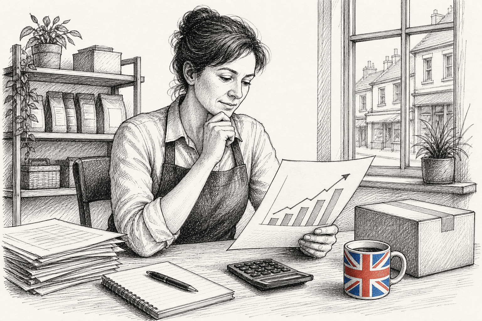 Pen-and-ink illustration of a UK small business owner reviewing a growth chart and cash-flow figures, with a small tucked-away Union Jack as the only coloured element