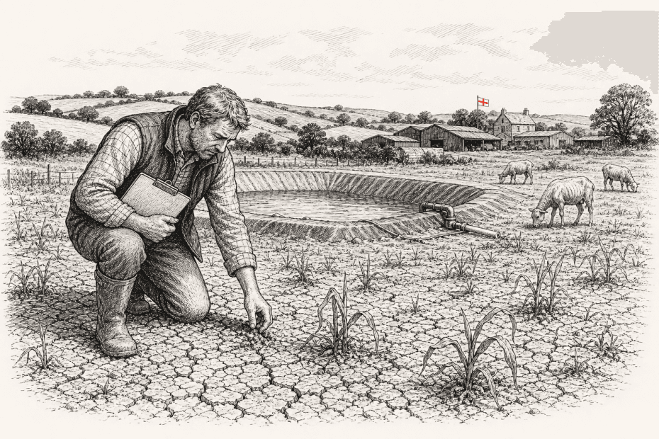 Pen-and-ink illustration of an English farmer inspecting a dry field beside a farm reservoir, with a small tucked-away St George's flag as the only coloured element