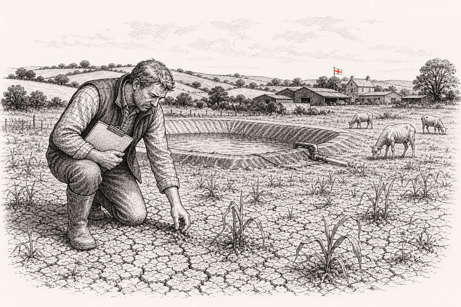 Pen-and-ink illustration of an English farmer inspecting a dry field beside a farm reservoir, with a small tucked-away St George's flag as the only coloured element