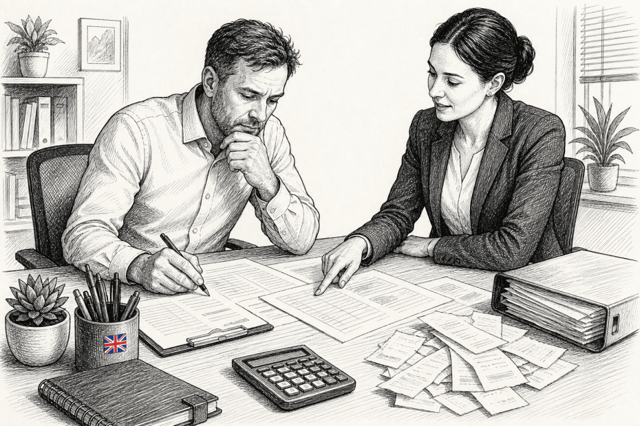 Pen-and-ink illustration of a small company director reviewing R&D tax calculations with a small tucked-away Union Jack as the only coloured element