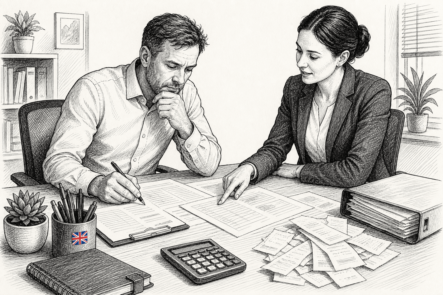 Pen-and-ink illustration of a small company director reviewing R&D tax calculations with a small tucked-away Union Jack as the only coloured element