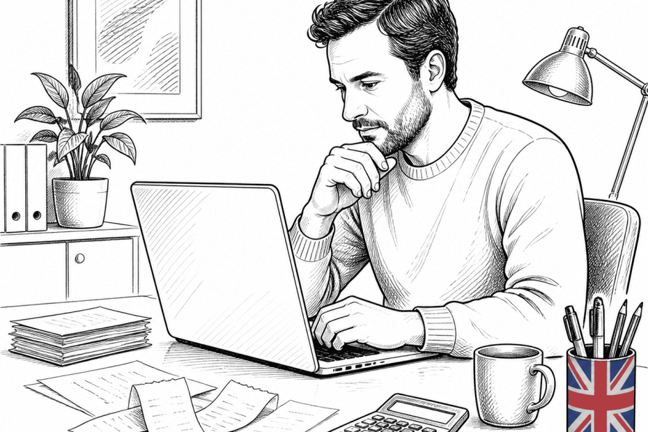 Pen-and-ink illustration of a self-employed business owner reviewing digital tax records, with a small tucked-away Union Jack as the only coloured element