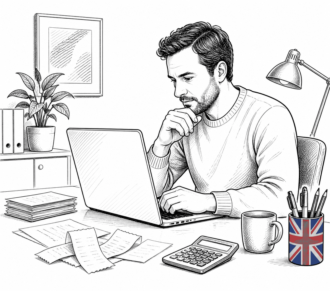 Pen-and-ink illustration of a self-employed business owner reviewing digital tax records, with a small tucked-away Union Jack as the only coloured element