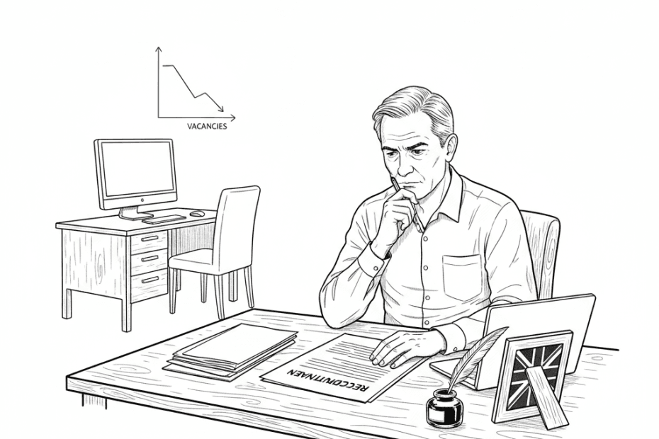 Pen-and-ink illustration of a small UK business owner reviewing a hiring plan beside an empty desk, with a small tucked-away Union Jack as the only coloured element