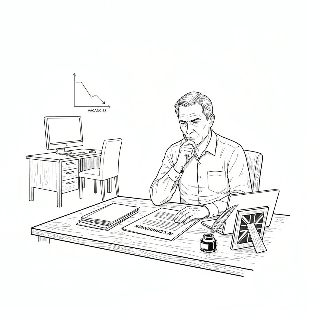 Pen-and-ink illustration of a small UK business owner reviewing a hiring plan beside an empty desk, with a small tucked-away Union Jack as the only coloured element