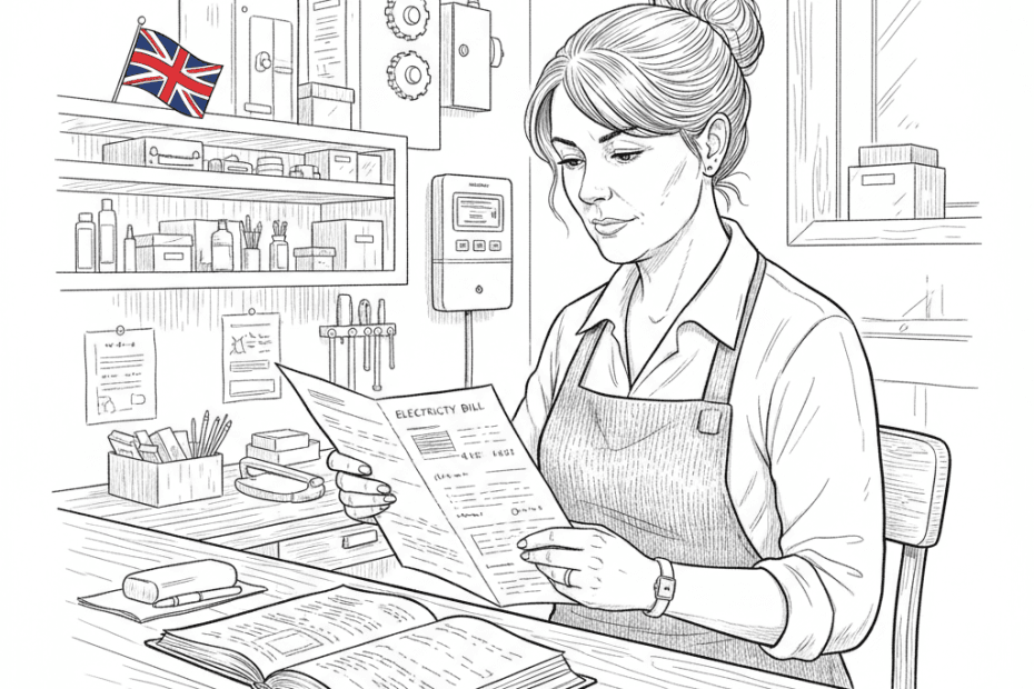 Pen-and-ink illustration of a UK small-business owner reviewing energy costs, with a small tucked-away Union Jack as the only coloured element