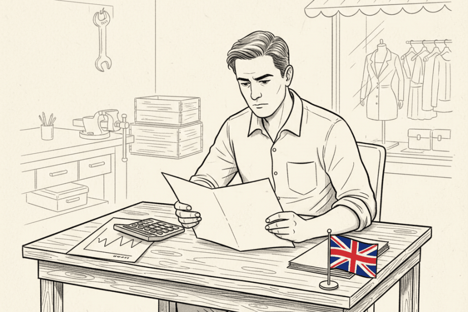 Pen-and-ink illustration of a small business owner reviewing energy costs and cash flow, with a small Union Jack as the only coloured element