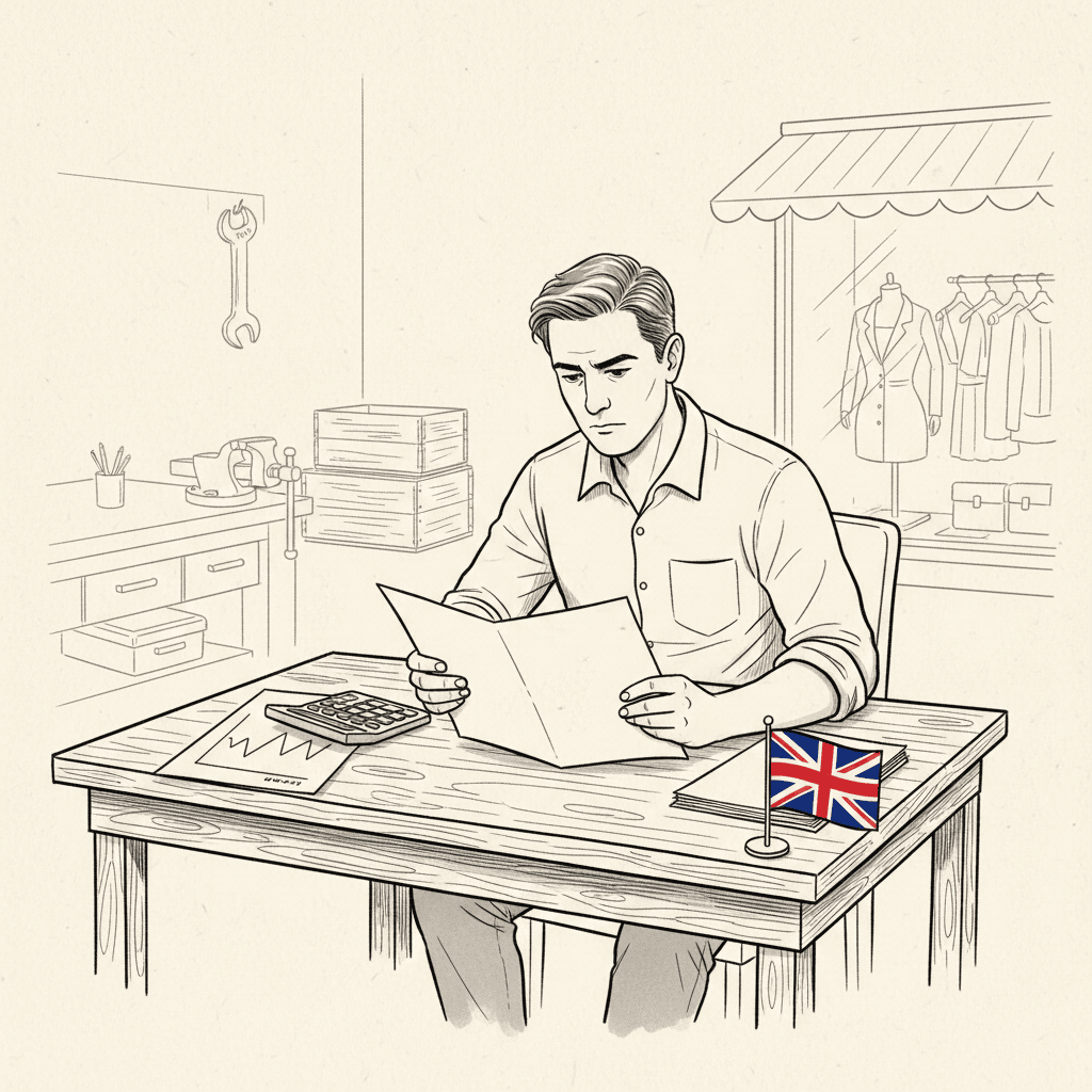 Pen-and-ink illustration of a small business owner reviewing energy costs and cash flow, with a small Union Jack as the only coloured element