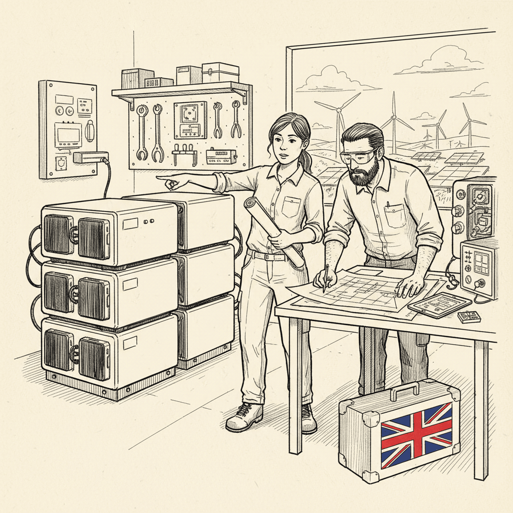 Pen-and-ink illustration of engineers reviewing a large battery energy storage system, with a small tucked-away Union Jack as the only coloured element