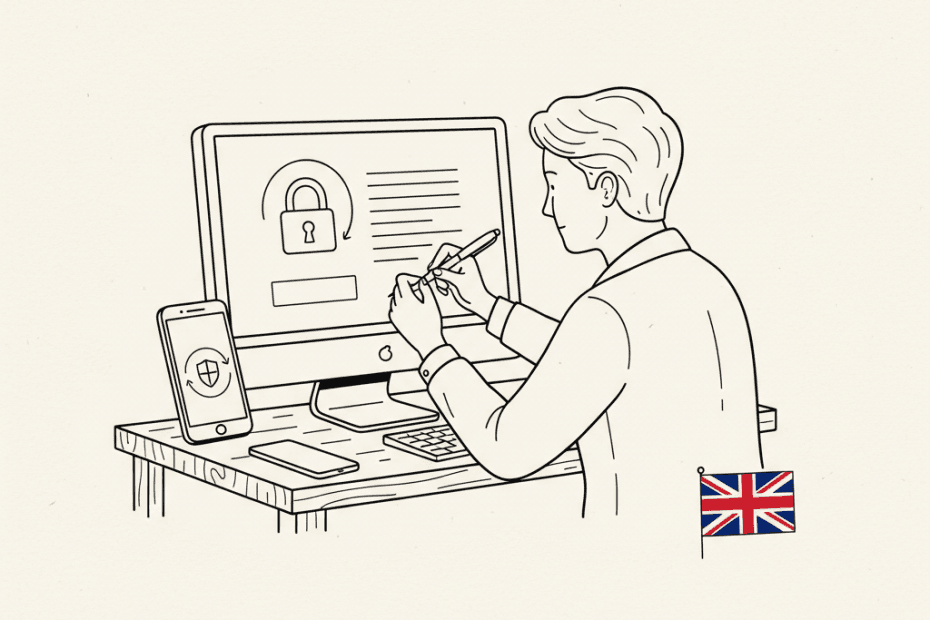 Pen-and-ink illustration of a small business owner securely signing in to an online government service, with a small tucked-away Union Jack as the only coloured element