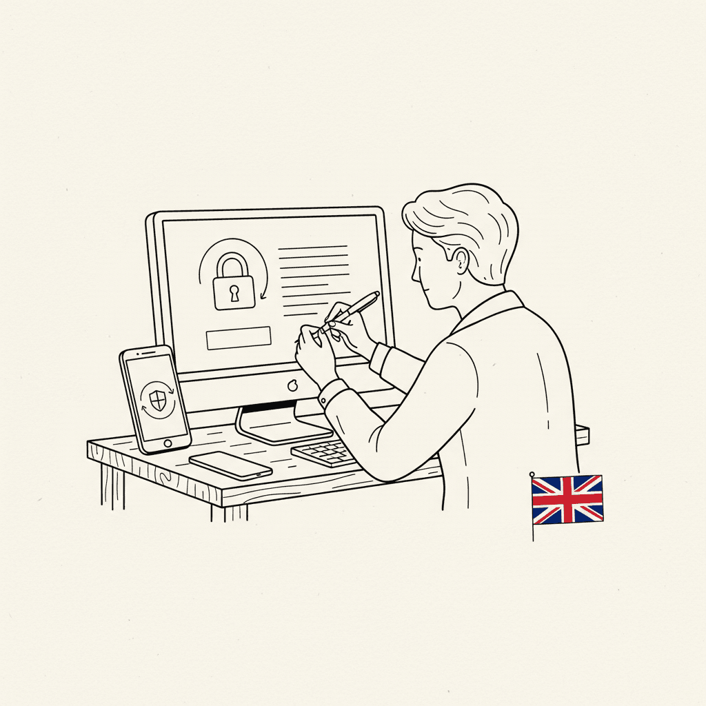 Pen-and-ink illustration of a small business owner securely signing in to an online government service, with a small tucked-away Union Jack as the only coloured element