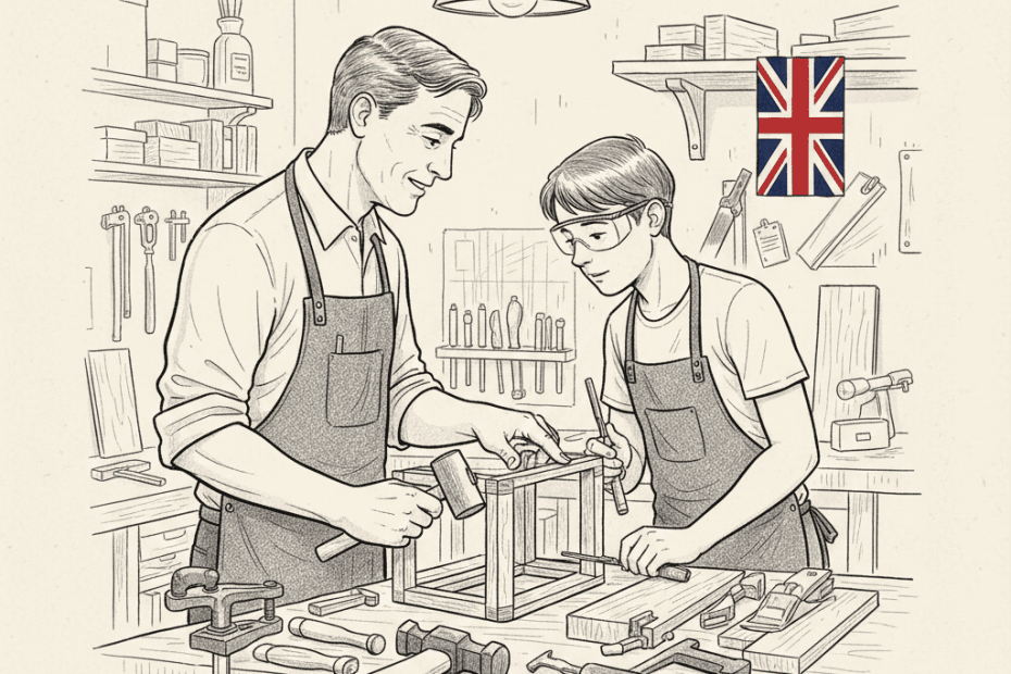 Pen-and-ink illustration of a small business owner mentoring a young apprentice at a workbench, with a small tucked-away Union Jack as the only coloured element