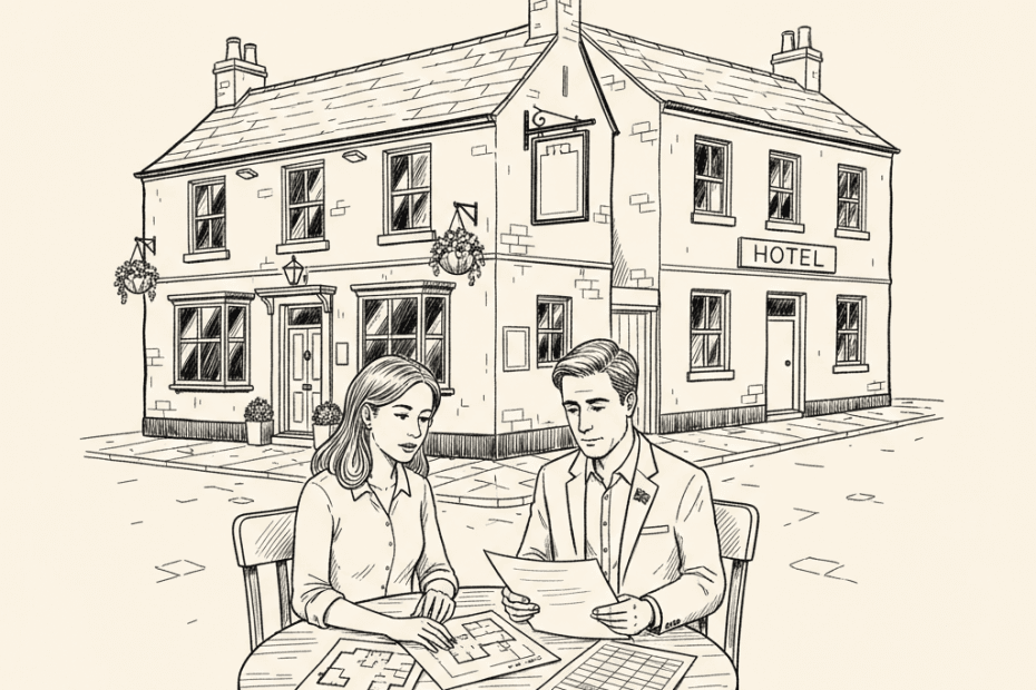 Pen-and-ink illustration of a pub and small hotel owner reviewing property papers, with a small Union Jack as the only coloured element