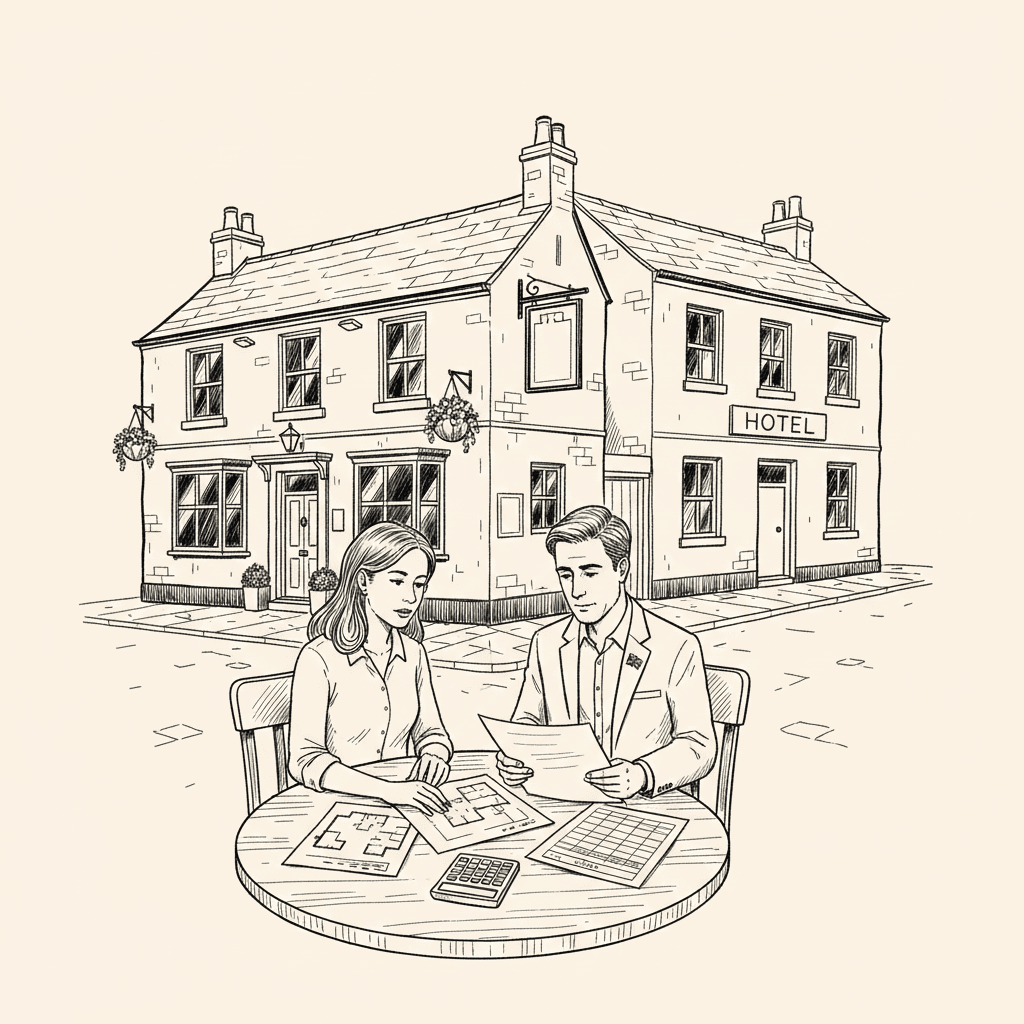 Pen-and-ink illustration of a pub and small hotel owner reviewing property papers, with a small Union Jack as the only coloured element