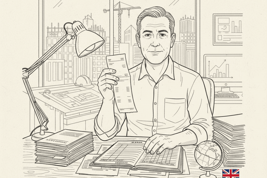 Pen-and-ink illustration of a small business owner checking payroll records, with a small Union Jack as the only coloured element