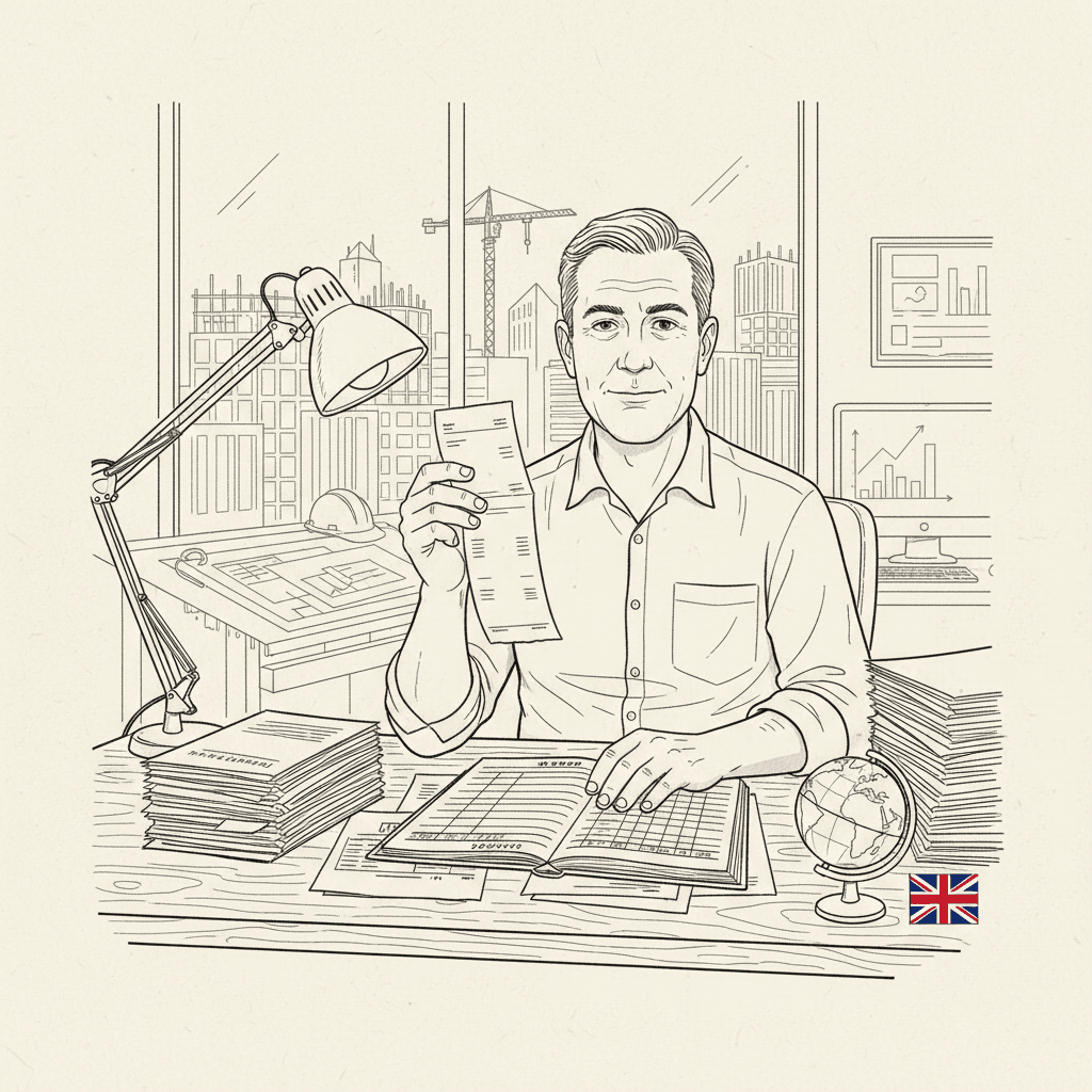 Pen-and-ink illustration of a small business owner checking payroll records, with a small Union Jack as the only coloured element
