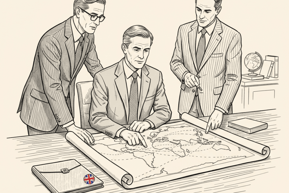 Pen-and-ink illustration of a small UK business leader studying a world map with diplomats, with a small Union Jack as the only coloured element